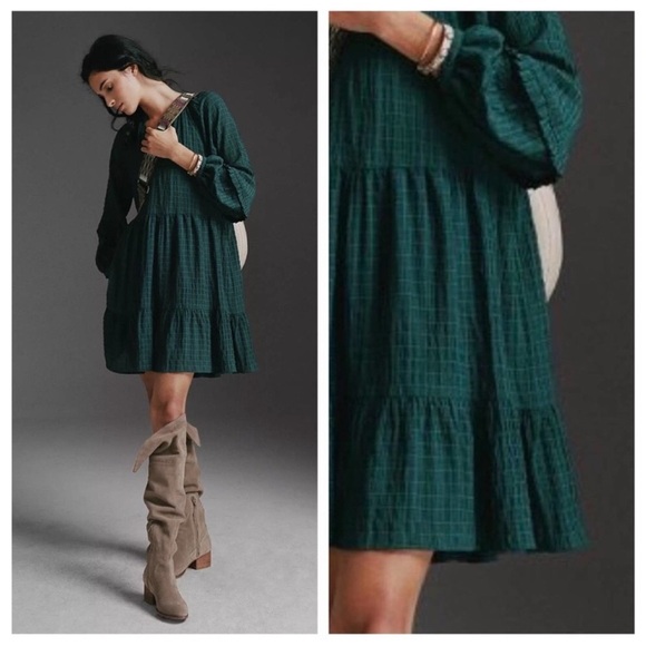 Mare Mare x Anthropologie Anne  Green Tiered Dress Size Medium holiday - Picture 1 of 9